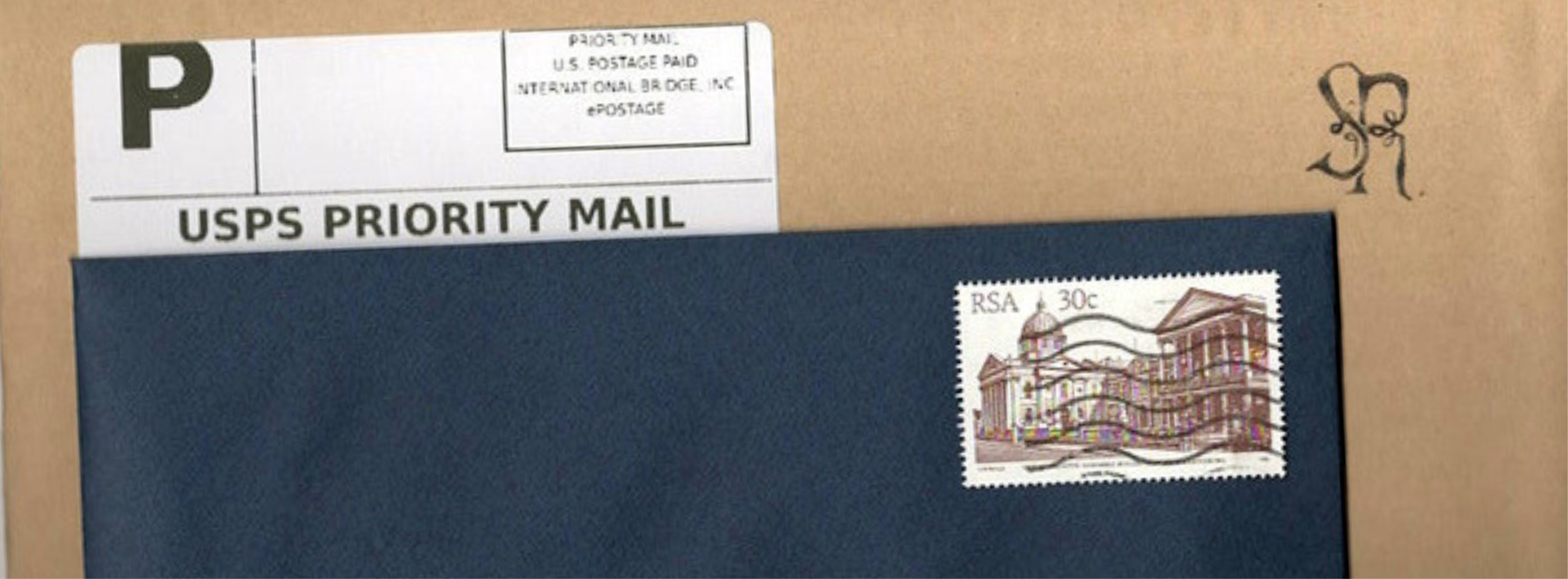 Kraft envelope hand-marked with the Sloan Rose monogram, layered with a navy envelope bearing a cancelled postage stamp and a USPS Priority Mail label.