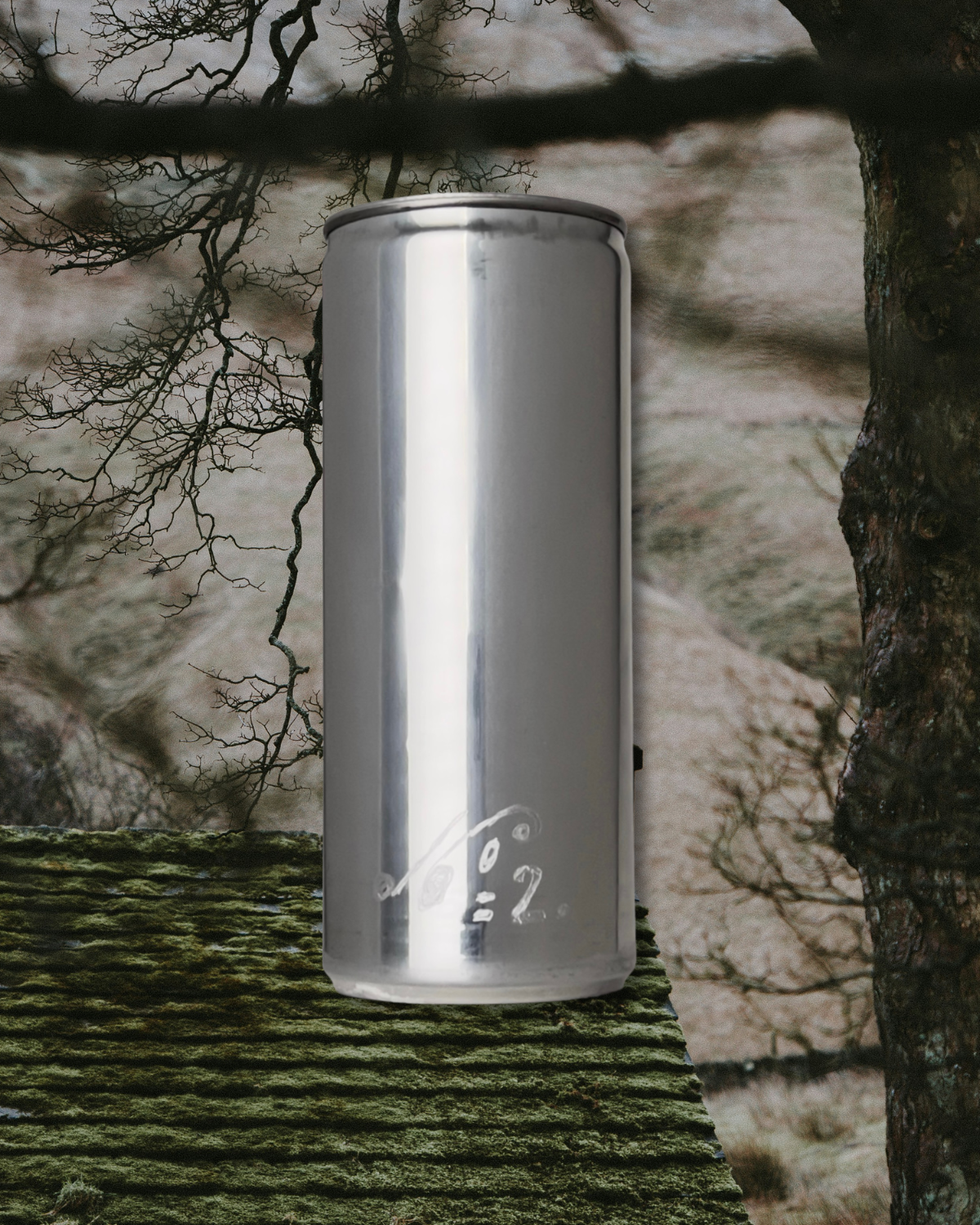 Sloan Rose N°2 Ember & Cream candle in a reclaimed aluminum vessel, resting on a mossy roof beneath bare winter branches.