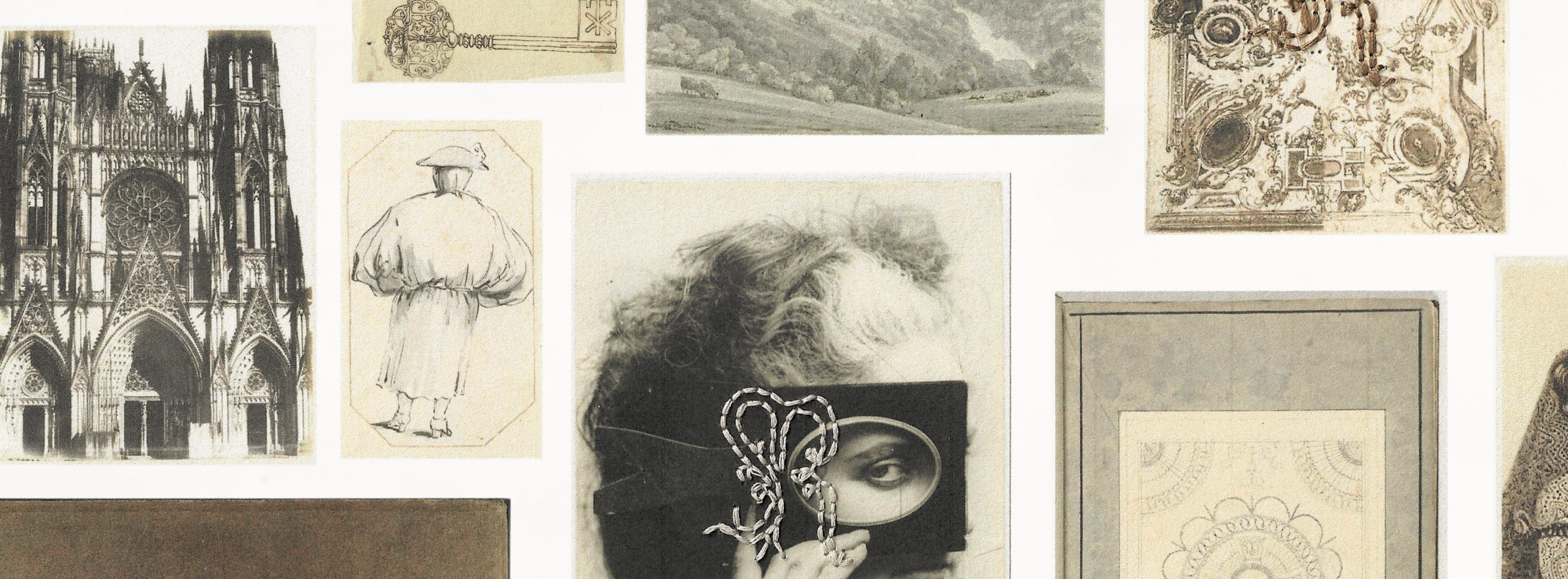 Collage of vintage sketches and photographs, gothic cathedral drawings, ornamental studies, and a woman holding a magnifying lens, with the Sloan Rose monogram hand embroidered over the imagery.