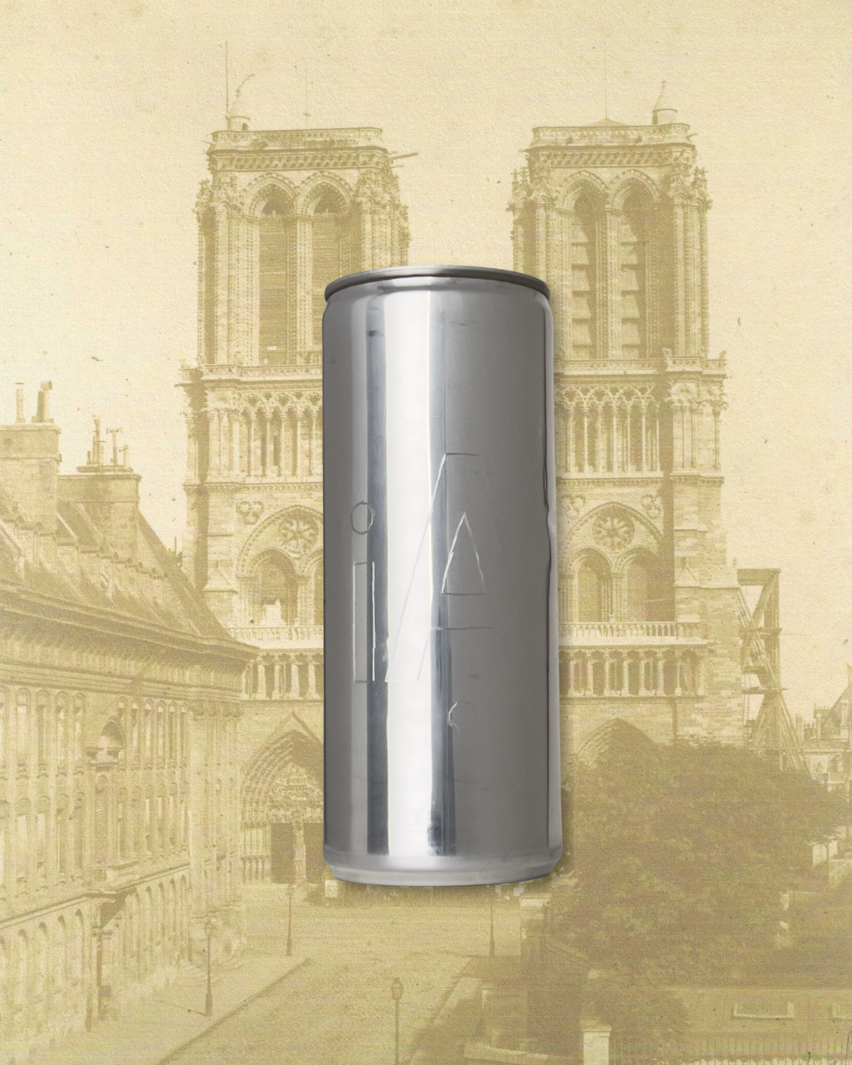 Sloan Rose N°5 Leather & Labdanum candle, a collaboration with iA, against a vintage sepia photograph of Notre-Dame de Paris